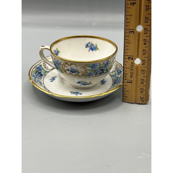 Vtg Schumann Bavarian Teacup & Saucer Set Demi Tasse Forget Me Not Blue Gold Rim - Picture 4 of 11